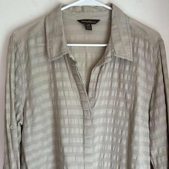 Tommy Bahama Women’s 100% cotton collared shirt stripped tan cover up tunic LG - Picture 2 of 10